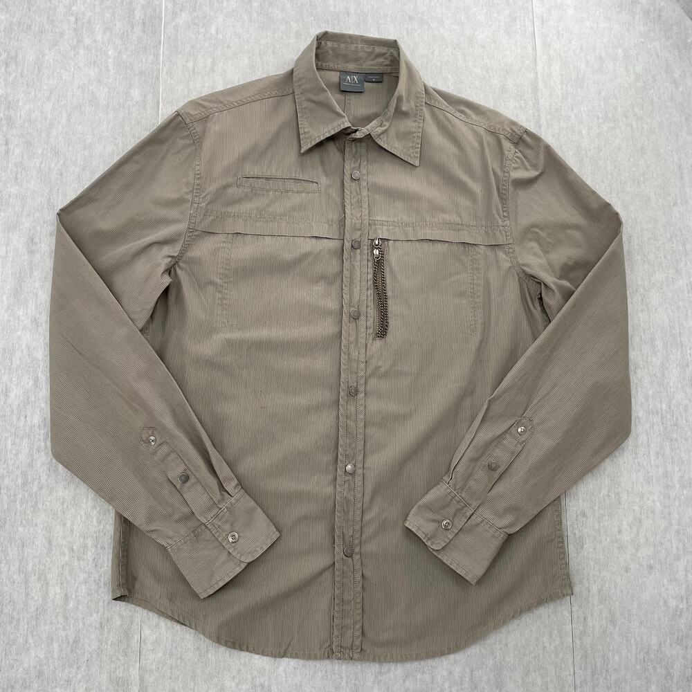 Armani Exchange Shirt Adult Medium Tan Button Up Long Sleeve Zip Pocket Mens M